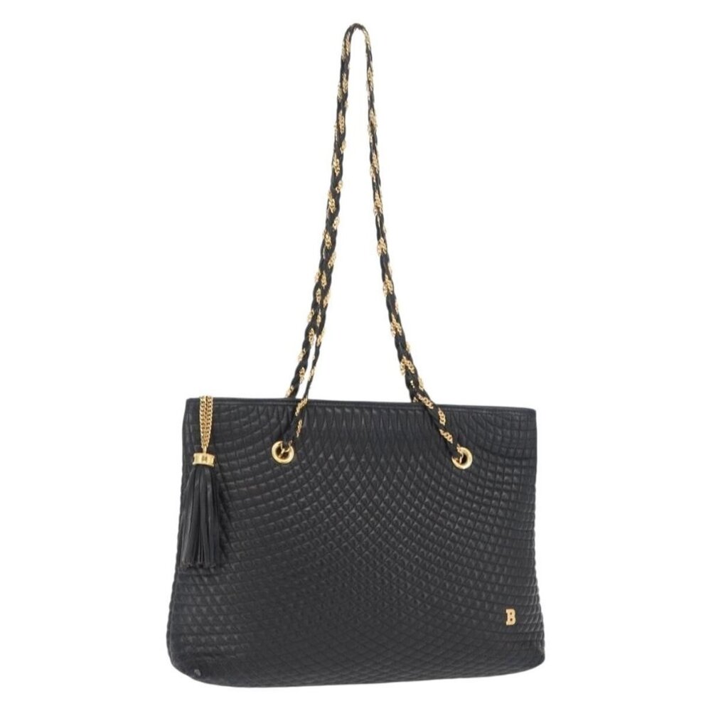 Authentic BALLY Quilted Chain Shoulder Bag Leather Black Gold